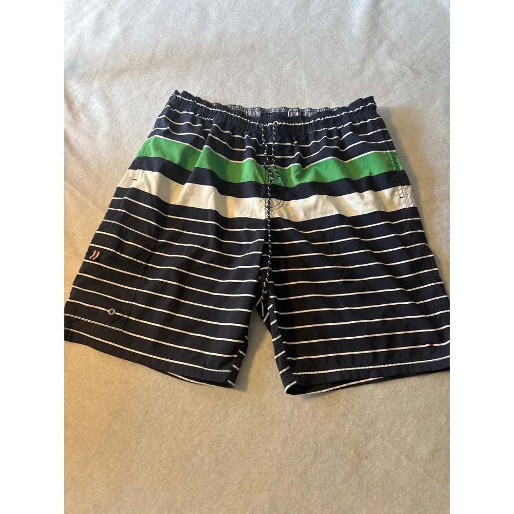 Tommy Hilfiger Mens Striped Swim Trunks Navy Blue‎ Green Board Shorts Large